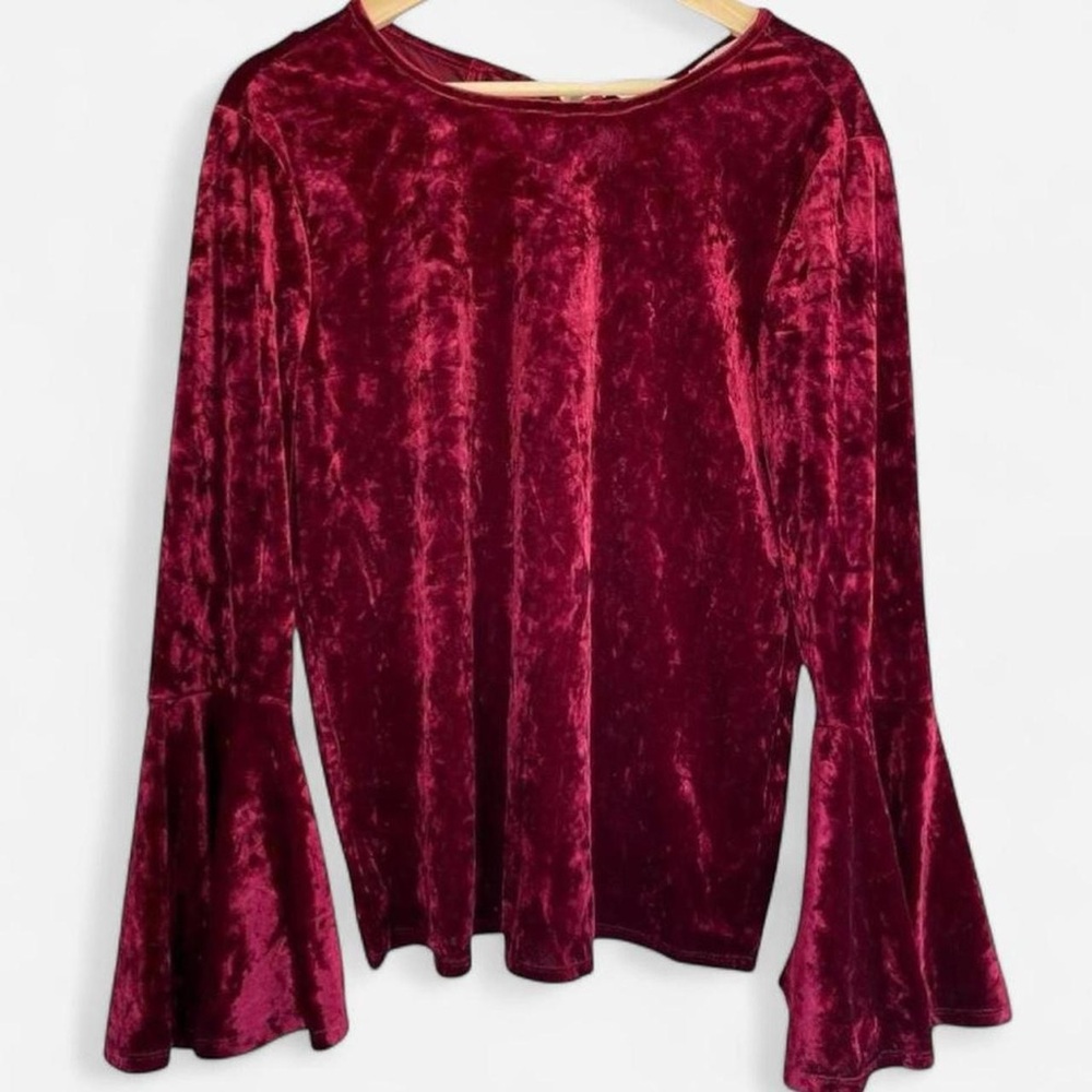 Beach Lunch Lounge Burgundy Red Velvet Flare Bell Long Sleeve Blouse